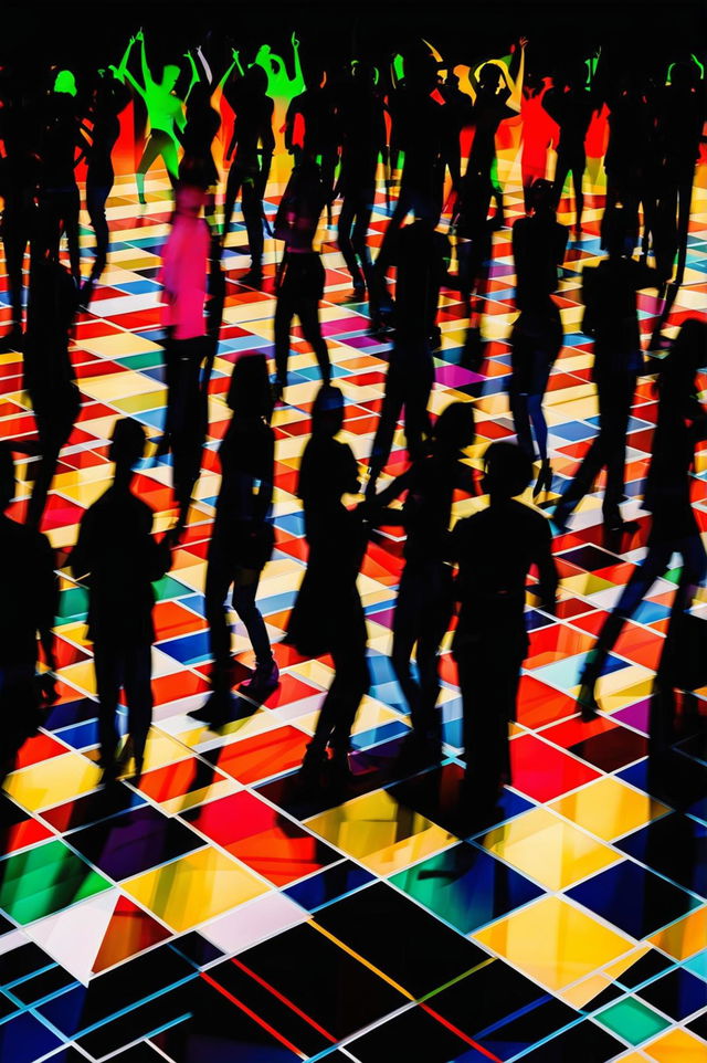 A vibrant, minimalist abstract digital art piece depicting a crowded dance floor