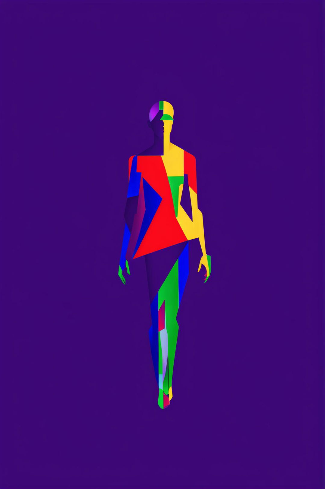 A vibrant, minimalist abstract digital art piece depicting a human-robot hybrid