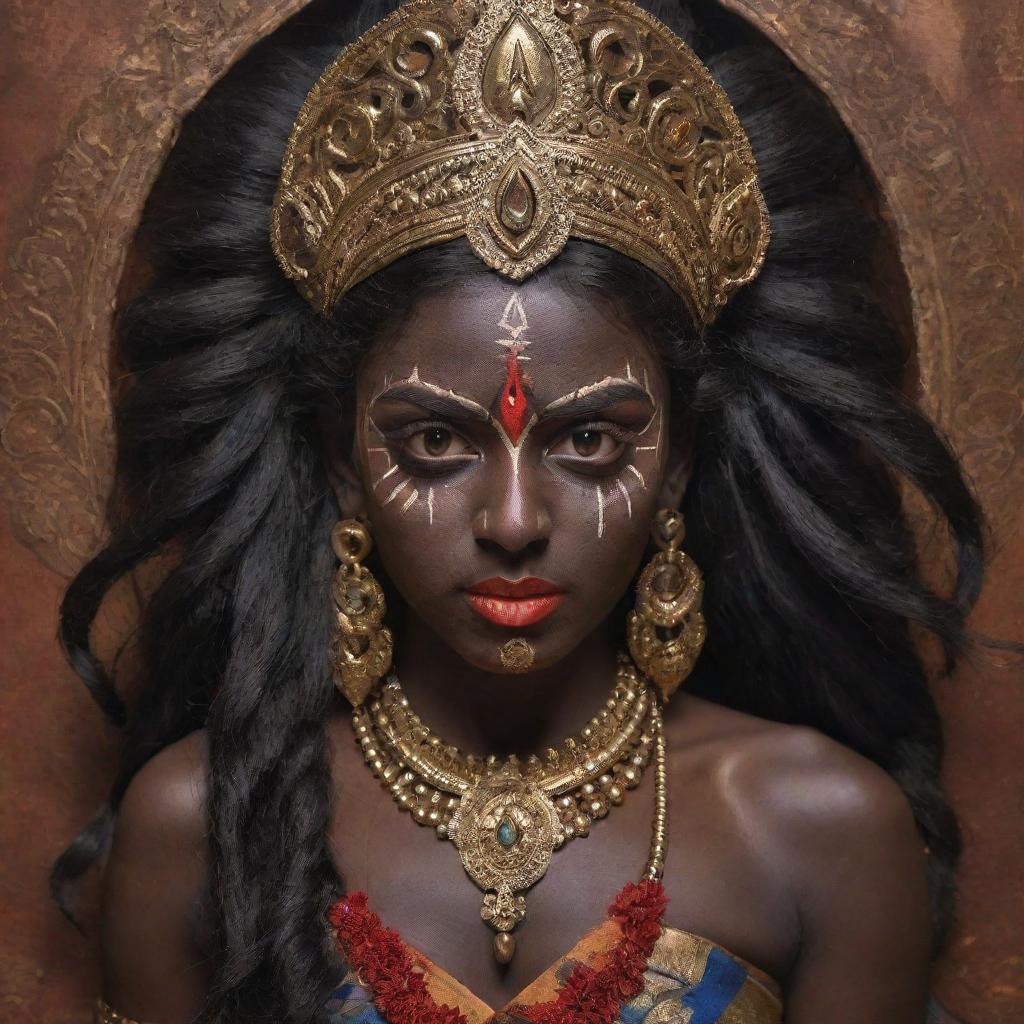 An emotional representation of a young Indian goddess Kali with a tangible angry expression, retaining her dark skin and traditional symbols, reflecting fierce determination in her vibrant eyes, set against a spiritual decor.