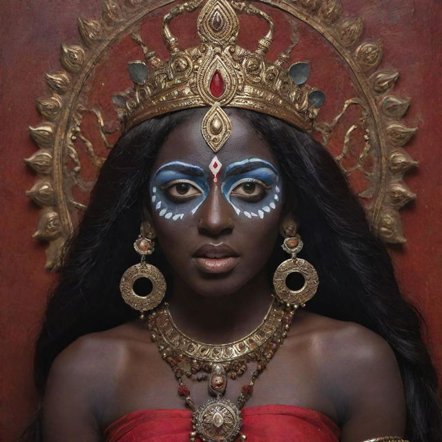 An emotional representation of a young Indian goddess Kali with a tangible angry expression, retaining her dark skin and traditional symbols, reflecting fierce determination in her vibrant eyes, set against a spiritual decor.