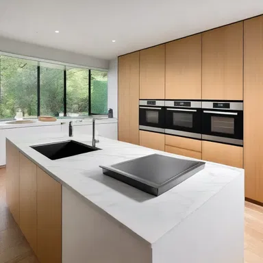 The modern kitchen design included a built-in dicer, seamlessly integrated into the counter, providing a functional and streamlined cooking experience.