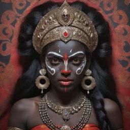 An emotional representation of a young Indian goddess Kali with a tangible angry expression, retaining her dark skin and traditional symbols, reflecting fierce determination in her vibrant eyes, set against a spiritual decor.