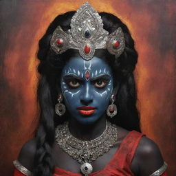 An emotional representation of a young Indian goddess Kali with a tangible angry expression, retaining her dark skin and traditional symbols, reflecting fierce determination in her vibrant eyes, set against a spiritual decor.