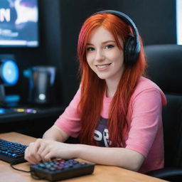 A vibrant, energetic streamer girl with striking red hair, sitting at her gaming setup.