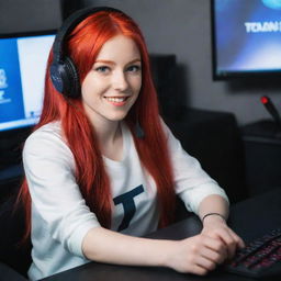 A vibrant, energetic streamer girl with striking red hair, sitting at her gaming setup.