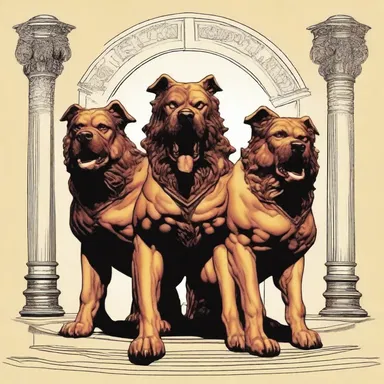 In Greek mythology, Cerberus is depicted as a three-headed watchdog guarding the gates of the Underworld.