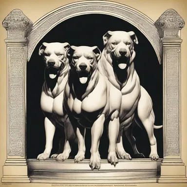 In Greek mythology, Cerberus is depicted as a three-headed watchdog guarding the gates of the Underworld.