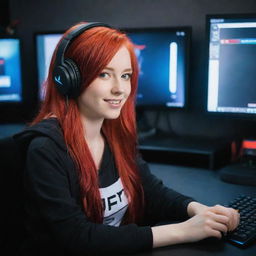 A vibrant, energetic streamer girl with striking red hair, sitting at her gaming setup.