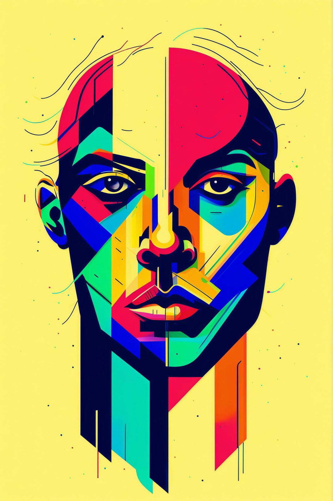 A vibrant, minimalist abstract digital art piece depicting a man's face
