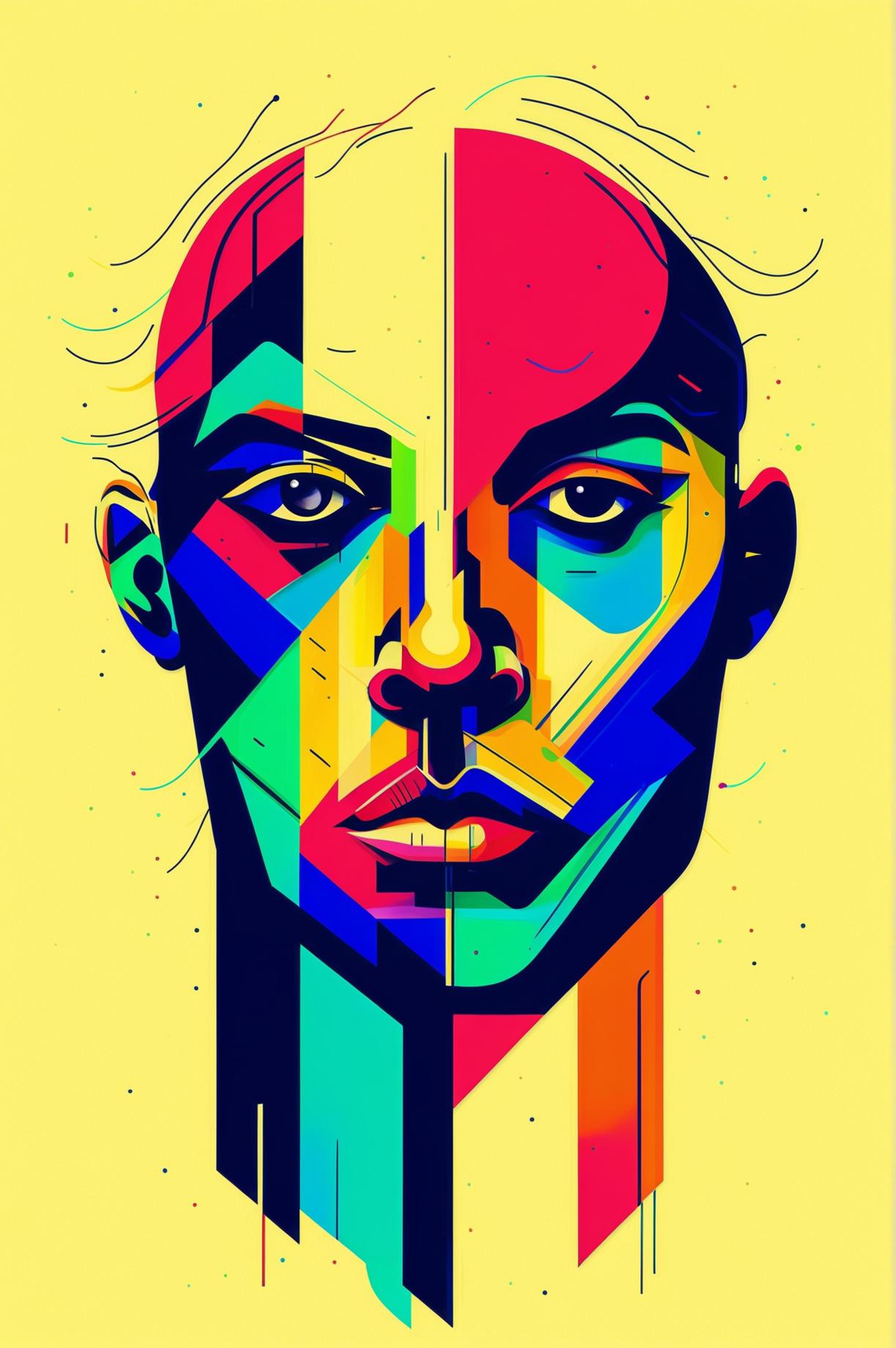 A vibrant, minimalist abstract digital art piece depicting a man's face