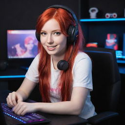 A vibrant, energetic streamer girl with striking red hair, sitting at her gaming setup.