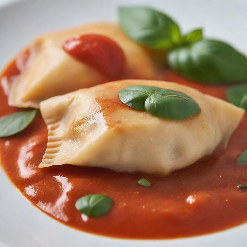 A close-up detail of perfectly cooked ravioli, with light reflecting on its glossy cover revealing its delicate texture. Surrounded by a rich, savory tomato sauce with fresh basil leaves scattered.