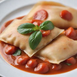 A close-up detail of perfectly cooked ravioli, with light reflecting on its glossy cover revealing its delicate texture. Surrounded by a rich, savory tomato sauce with fresh basil leaves scattered.