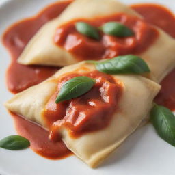 A close-up detail of perfectly cooked ravioli, with light reflecting on its glossy cover revealing its delicate texture. Surrounded by a rich, savory tomato sauce with fresh basil leaves scattered.