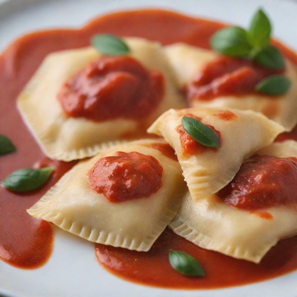 A close-up detail of perfectly cooked ravioli, with light reflecting on its glossy cover revealing its delicate texture. Surrounded by a rich, savory tomato sauce with fresh basil leaves scattered.