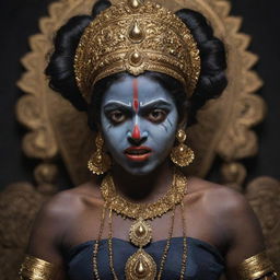 A dramatic portrayal of the young Indian goddess Kali with a resolute angry expression on her traditionally dark-skinned face, exuding divine power and youthful defiance, set against a spiritual backdrop.