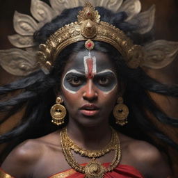 A dramatic portrayal of the young Indian goddess Kali with a resolute angry expression on her traditionally dark-skinned face, exuding divine power and youthful defiance, set against a spiritual backdrop.