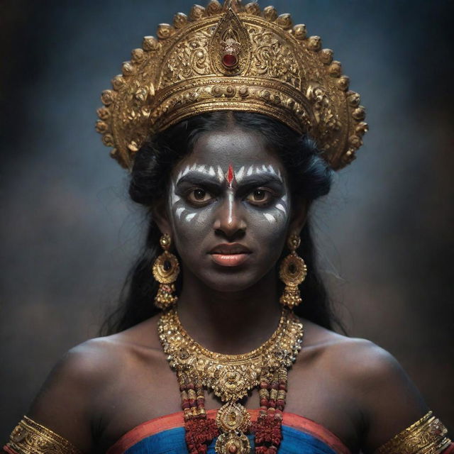 A dramatic portrayal of the young Indian goddess Kali with a resolute angry expression on her traditionally dark-skinned face, exuding divine power and youthful defiance, set against a spiritual backdrop.