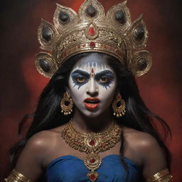 A dramatic portrayal of the young Indian goddess Kali with a resolute angry expression on her traditionally dark-skinned face, exuding divine power and youthful defiance, set against a spiritual backdrop.