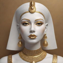 3D render of a beautiful, white female statue with white hair, golden lips, eyelashes and eyebrows, adorned with Egyptian-style accents in gold, in the style of digital art, displaying a full face view