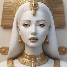 3D render of a beautiful, white female statue with white hair, golden lips, eyelashes and eyebrows, adorned with Egyptian-style accents in gold, in the style of digital art, displaying a full face view