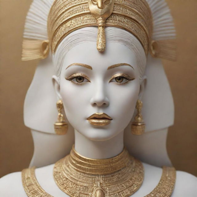 3D render of a beautiful, white female statue with white hair, golden lips, eyelashes and eyebrows, adorned with Egyptian-style accents in gold, in the style of digital art, displaying a full face view