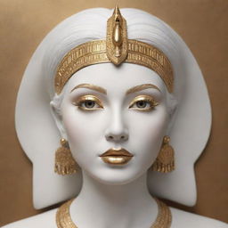 3D render of a beautiful, white female statue with white hair, golden lips, eyelashes and eyebrows, adorned with Egyptian-style accents in gold, in the style of digital art, displaying a full face view