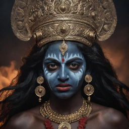 A dramatic depiction of a young Indian goddess Kali with a menacing expression on her traditionally dark skinned face, embodying a blend of divine terror and youthful resilience, set in a spiritually charged backdrop.