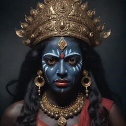 A dramatic depiction of a young Indian goddess Kali with a menacing expression on her traditionally dark skinned face, embodying a blend of divine terror and youthful resilience, set in a spiritually charged backdrop.