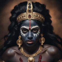 A dramatic depiction of a young Indian goddess Kali with a menacing expression on her traditionally dark skinned face, embodying a blend of divine terror and youthful resilience, set in a spiritually charged backdrop.