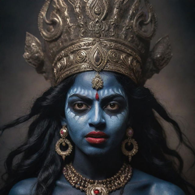 A dramatic depiction of a young Indian goddess Kali with a menacing expression on her traditionally dark skinned face, embodying a blend of divine terror and youthful resilience, set in a spiritually charged backdrop.