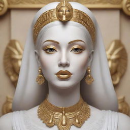 A 3D digital art style image of a beautiful female statue. She is white in color with white hair, and golden lips, eyelashes and eyebrows. She features prominent Egyptian golden decoration.