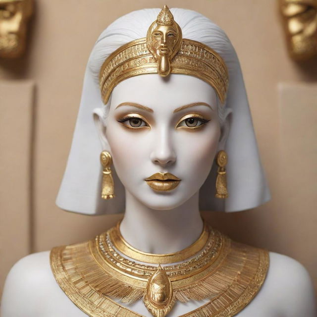 A 3D digital art style image of a beautiful female statue. She is white in color with white hair, and golden lips, eyelashes and eyebrows. She features prominent Egyptian golden decoration.