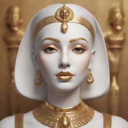 A 3D digital art style image of a beautiful female statue. She is white in color with white hair, and golden lips, eyelashes and eyebrows. She features prominent Egyptian golden decoration.