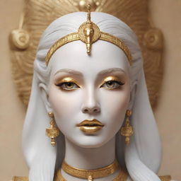 A 3D digital art style image of a beautiful female statue. She is white in color with white hair, and golden lips, eyelashes and eyebrows. She features prominent Egyptian golden decoration.