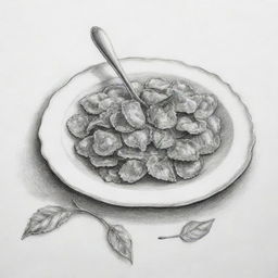 A detailed black and white pen & ink sketch of ravioli. The wavy edges and stuffing are meticulously drawn to show its texture. There is a sketch of a spoon and it's surrounded by basil leaves on the side.