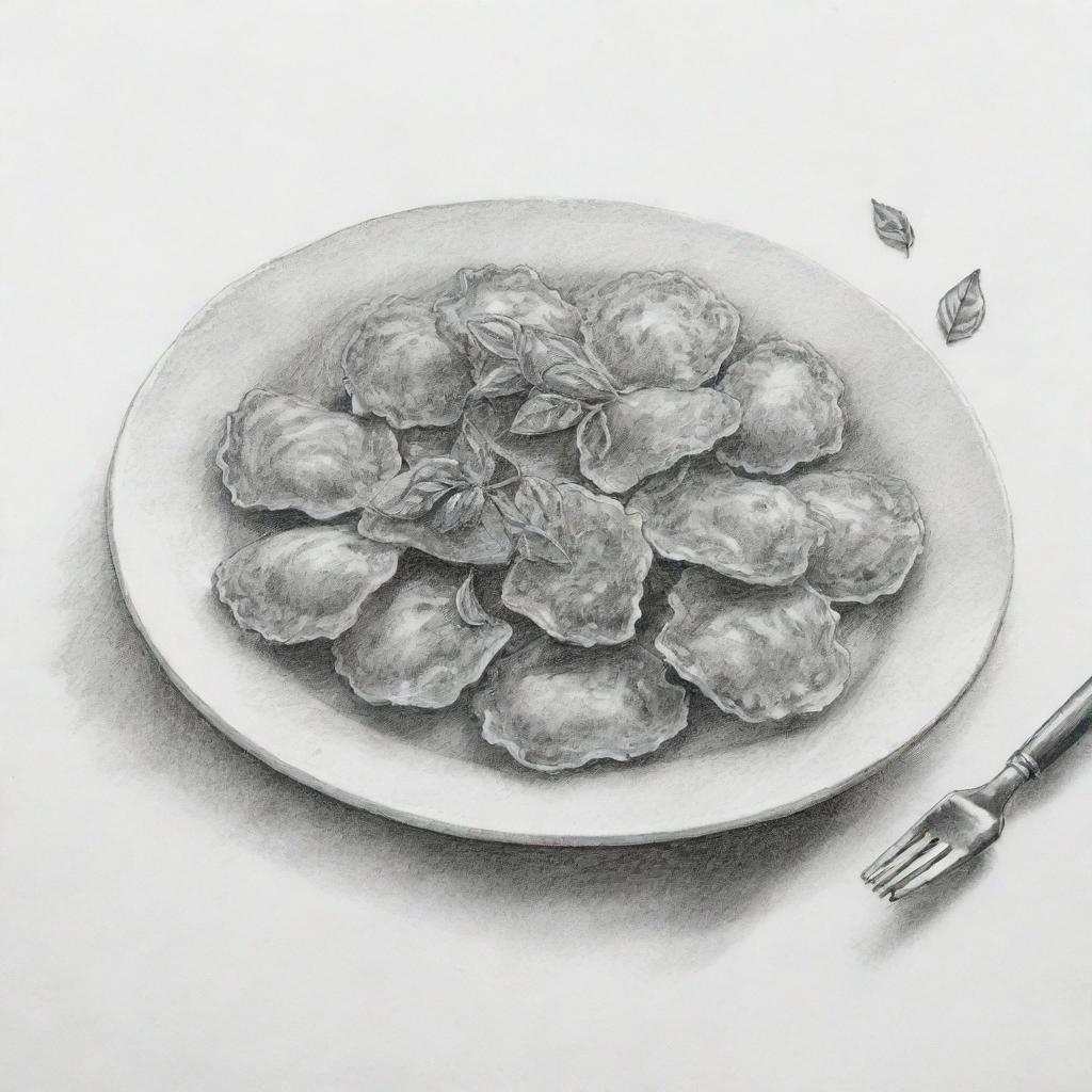 A detailed black and white pen & ink sketch of ravioli. The wavy edges and stuffing are meticulously drawn to show its texture. There is a sketch of a spoon and it's surrounded by basil leaves on the side.
