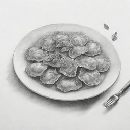 A detailed black and white pen & ink sketch of ravioli. The wavy edges and stuffing are meticulously drawn to show its texture. There is a sketch of a spoon and it's surrounded by basil leaves on the side.