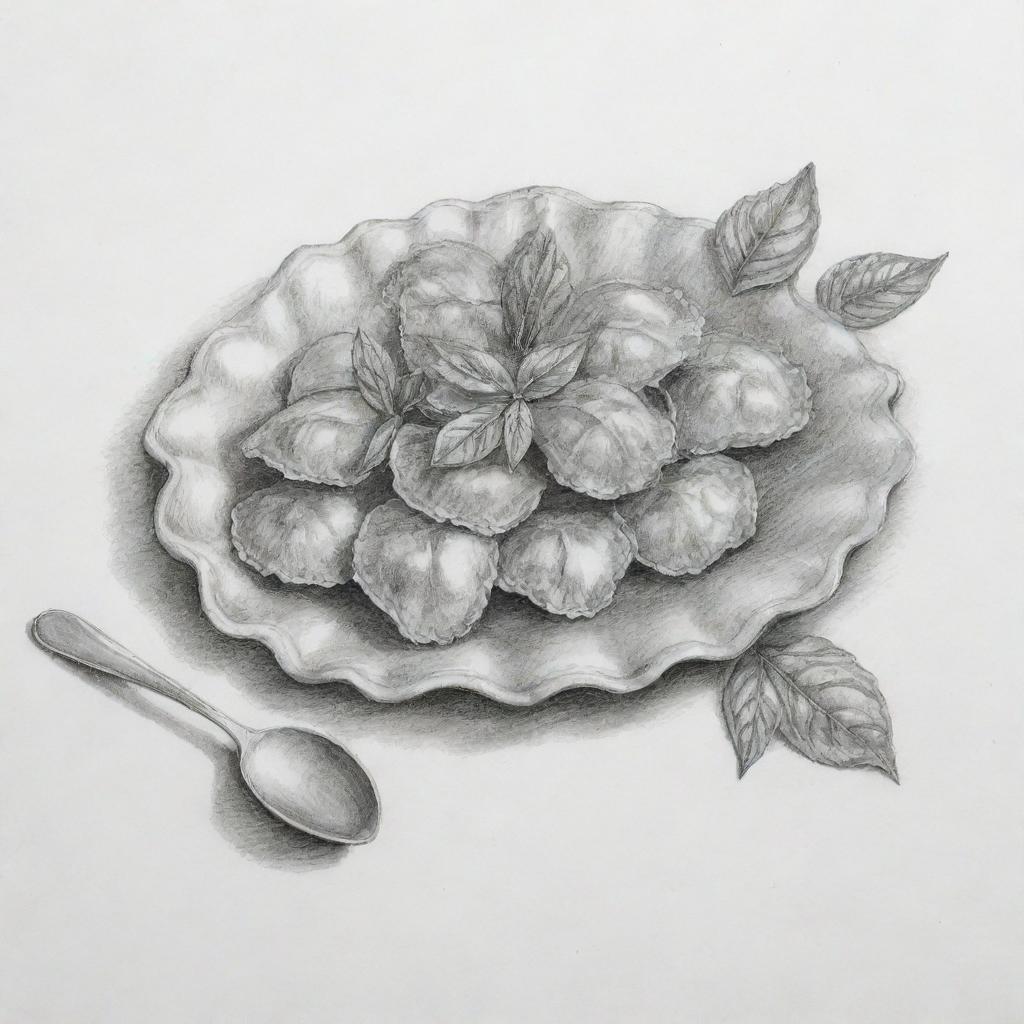 A detailed black and white pen & ink sketch of ravioli. The wavy edges and stuffing are meticulously drawn to show its texture. There is a sketch of a spoon and it's surrounded by basil leaves on the side.