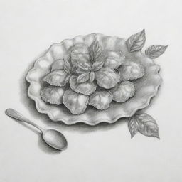 A detailed black and white pen & ink sketch of ravioli. The wavy edges and stuffing are meticulously drawn to show its texture. There is a sketch of a spoon and it's surrounded by basil leaves on the side.