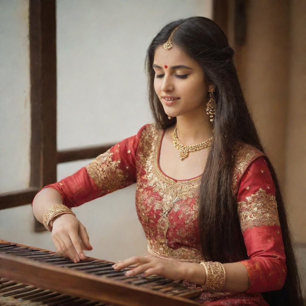 A captivating scene of a beautiful girl with long hair gracefully playing the santoor, her fingers dancing over the strings with expertise and passion.