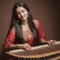 A captivating scene of a beautiful girl with long hair gracefully playing the santoor, her fingers dancing over the strings with expertise and passion.