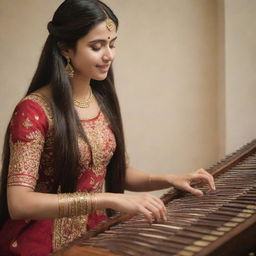 A captivating scene of a beautiful girl with long hair gracefully playing the santoor, her fingers dancing over the strings with expertise and passion.