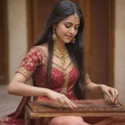 A captivating scene of a beautiful girl with long hair gracefully playing the santoor, her fingers dancing over the strings with expertise and passion.