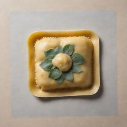 An artful sketch of a single ravioli with impressive detail, showcasing the pattern and texture of the pasta and the faint hint of the stuffing within.