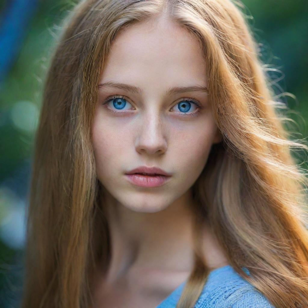 A portrait of a girl with long, golden hair, her eyes a striking shade of blue, radiating tranquility and mysterious beauty.