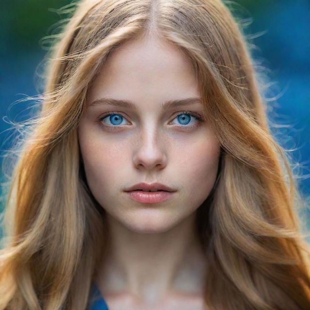 A portrait of a girl with long, golden hair, her eyes a striking shade of blue, radiating tranquility and mysterious beauty.