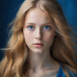 A portrait of a girl with long, golden hair, her eyes a striking shade of blue, radiating tranquility and mysterious beauty.