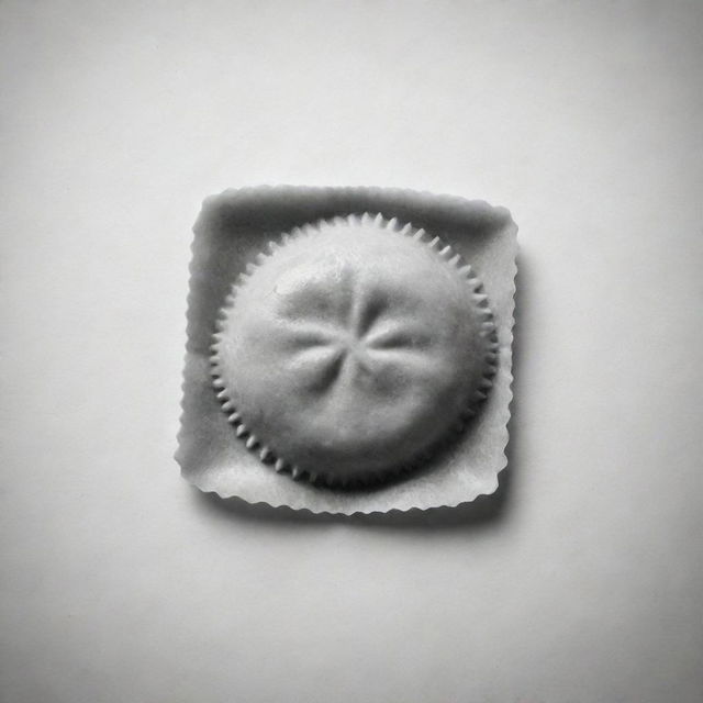 A highly detailed black and white sketch of a single, perfectly shaped ravioli, focusing on its unique texture and patterns.