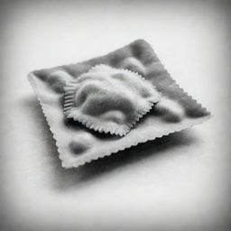 A highly detailed black and white sketch of a single, perfectly shaped ravioli, focusing on its unique texture and patterns.